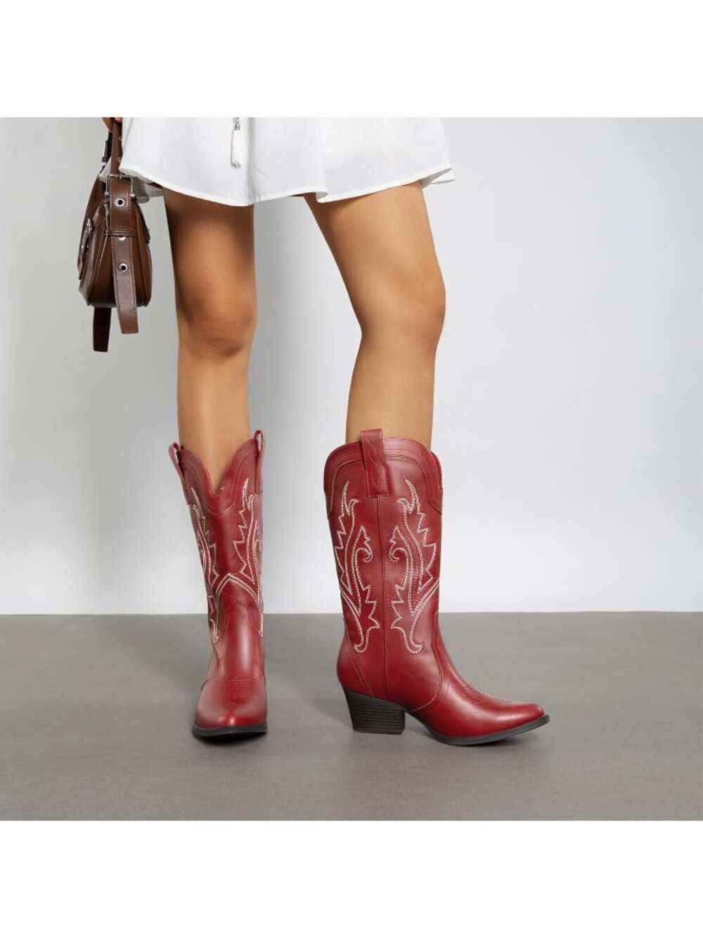 Women's Mid Calf Cowgirl Point Toe Chunky Heel Red Embroidery Western Boots - Picture 2 of 6